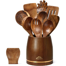 Набір кухонних аксесуарів з дерева (10 шт) з підставкою, лопатки, половники, половники для супу, ложки для салатів, виделки та ложки для салатів, набір кухонних аксесуарів з текового дерева, подарунок для кухарів та дому