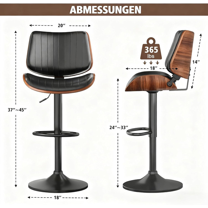 Набір з 2 барних стільців GIKPAL з дерев'яною спинкою та шкіряним сидінням, обертаються, чорний