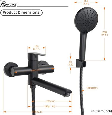 Змішувач для ванни PHASAT з витяжною лійкою, чорний, настінний монтаж, PTBB13E Long spout