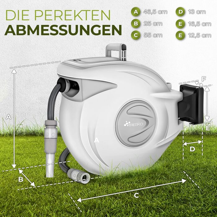 Трьохкамерний шланг TRESKO® з роликом для шланга, 30+2 м, з ручною лійкою, поворотний на 180°, для саду, автоматичний, з кріпленням для стіни та монтажним матеріалом