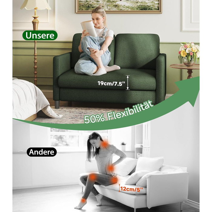 Диван 2-місний, компактний, 130 см, зелений. Зручний диван для підліткової кімнати, легко збирається без інструментів. Дивани з масиву дерева, компактні дивани для вітальні.