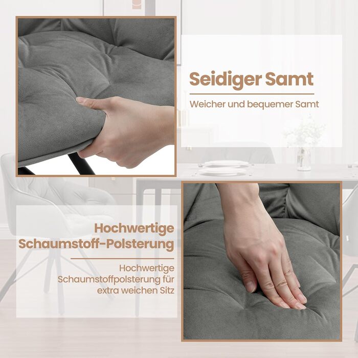 WOLTU Комплект з 4-х обертових стільців для їдальні, з підлокітниками, 360° обертання, для кухні та вітальні, з м'яким оксамитовим покриттям, сірий