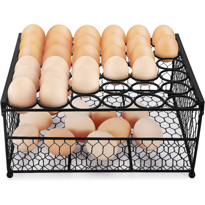 Дозатор яєць, спіральний тримач для яєць, підставка для яєць, тримач для яєць, металевий каркас для яєць, сховище для яєць з поворотом на 360 градусів, кухня, контейнер для яєць на кухонній стільниці, великий і (кошик для яєць, Чорний (2 поверхи))