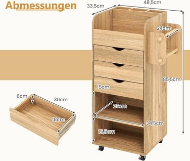 Роликовий контейнер COSTWAY з 3 висувними ящиками, візень для рукоділля з 2 стійками та 3 полицями, дерев'яний шафка на колесах, багатофункціональний візень для офісу та робочого кабінету (білий, натуральний колір)