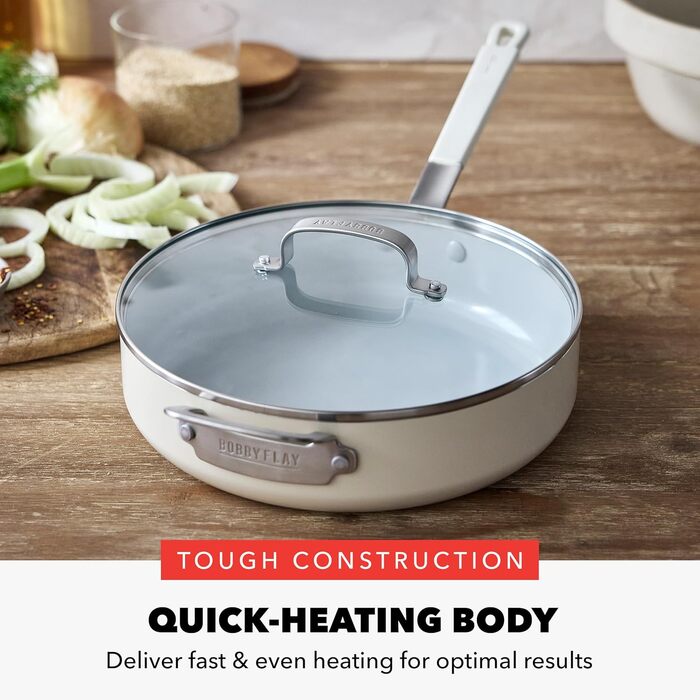 Набір кухонного посуду GreenPan x Bobby Flay 13 предметів: професійний алюміній, керамічне антипригарне покриття без PFAS та PFOA, індукційний, силіконовий ручка, сумісний з посудомийною машиною (4.5QT сковорода з кришкою, кремовий)