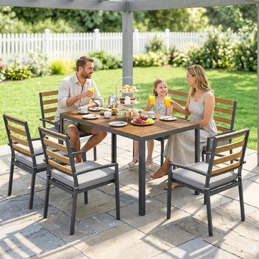 Комплект садових меблів на 7 осіб: обідній стіл, 6 стільців з подушками, натуральне дерево, для тераси та саду