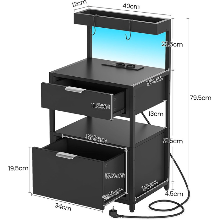 Набір тумбочок AOGLLATI LED, зарядна станція, 2 висувні ящики, USB та розетки, чорний 40x30x79.5см