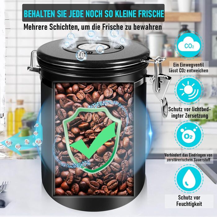 Контейнер для кави 1 кг з нержавіючої сталі з герметичним клапаном, вікном та мірною ложкою