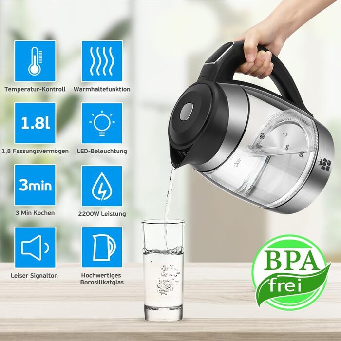 Електричний чайник FOR ME Glas 1.8L з регулюванням температури (40°C - 100°C), LED-підсвічуванням 7 кольорів, функцією підтримання тепла, BPA Free, без сита для чаю