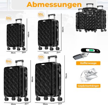 Набір валіз KESSER з 4 предметів, жорсткий корпус ABS, кодовий замок, ваги для багажу та дорожня сумка, колеса 360°, чорний