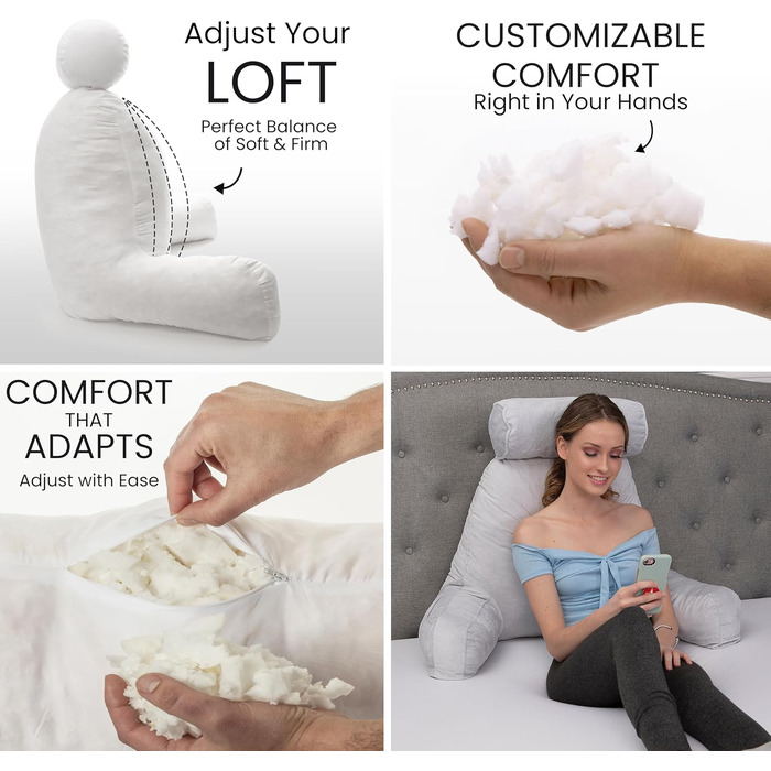 Подушка для чоловіків з підлокітниками - темно-сіра, для читання та відпочинку в ліжку | Premium Memory Foam | Знімна подушка для шиї