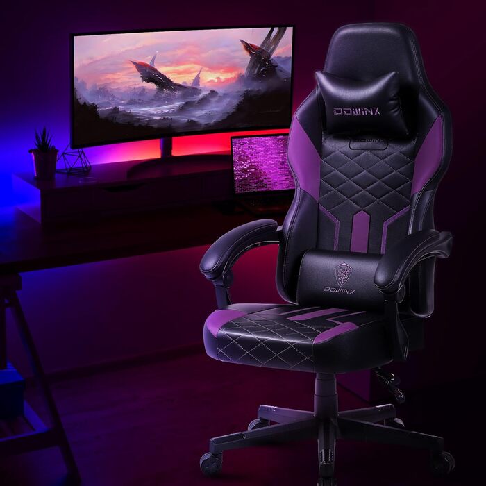 Ігровий крісло Dowinx Racing з підголівником та підтримкою попереку, ергономічний геймерський слінг з PU шкіри, чорно-фіолетовий, 150 кг