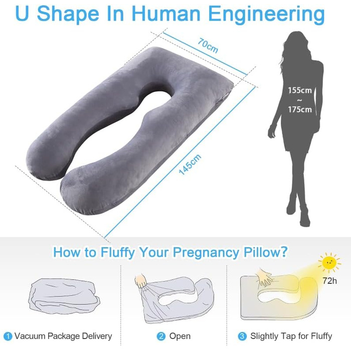Подушка для вагітних SHANNA U-подібної форми, подушка для сну на боці, подушка для годування, комфортна подушка для дорослих, тілоподібна подушка, велюрова, темно-сіра, 70 x 145 см