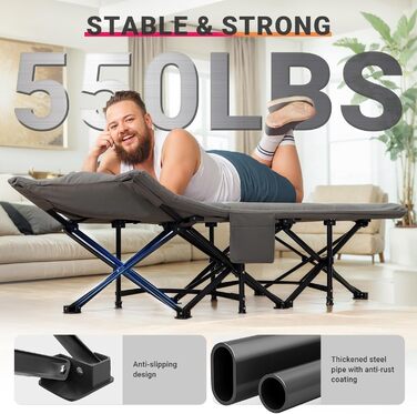 Розкладне польове ліжко OVERMONT з матрацом для кемпінгу та відпочинку, 190x70x40 см, витримує до 250 кг, тканина Оксфорд, з кишенею та сумкою для транспортування (Сірий)