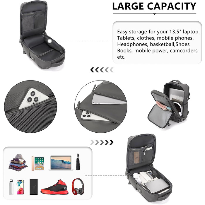 Рюкзак KONO для ручної поклажі 42x30x20, 25L, з відділом для ноутбука, сірий, для подорожей та спорту