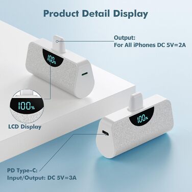 Швидка зарядка 20 Вт PD, LCD дисплей, сумісний з iPhone (сріблясто-білий), 5200mAh