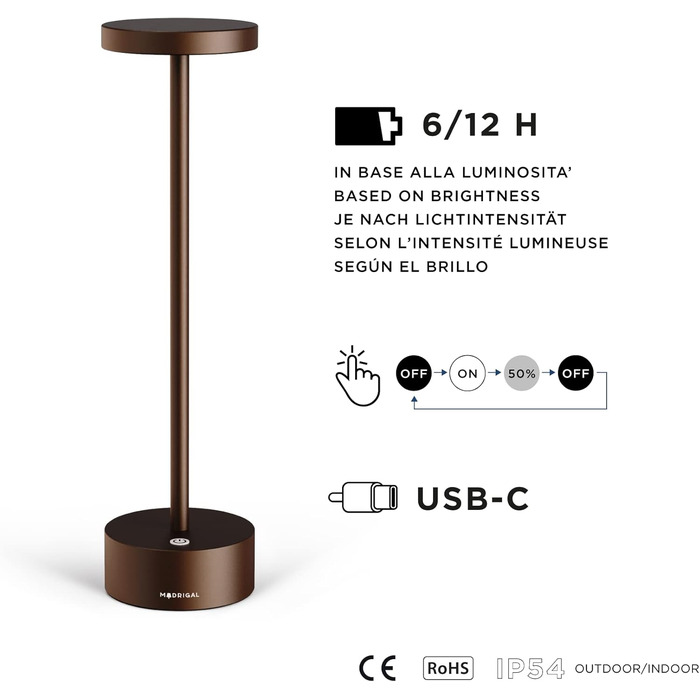 LED-настільна лампа Neu Stiletto IP54 - USB-C, бездротова, регульоване світло, для дому та ресторану (Бронзовий оксид)