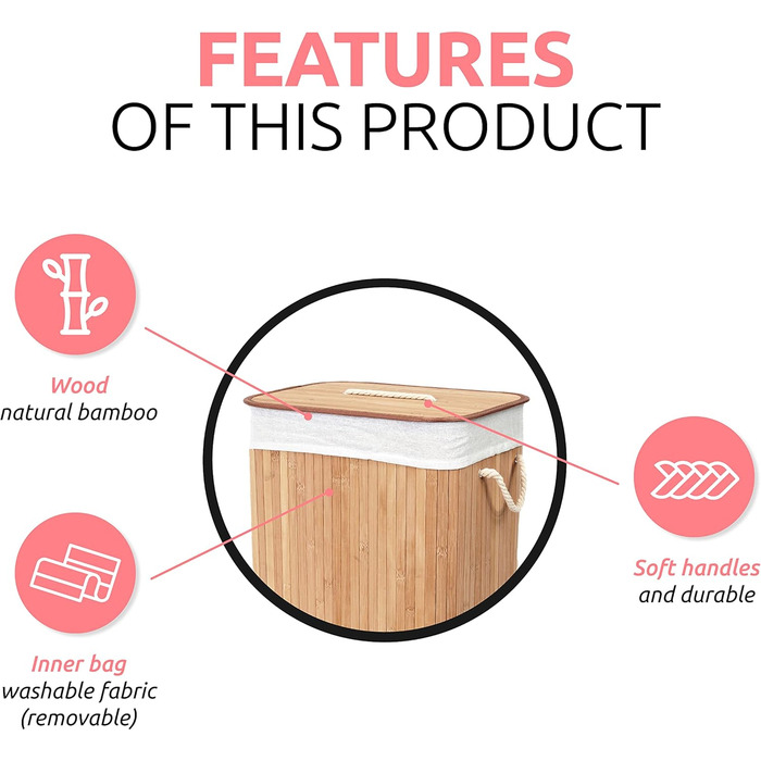 Кошик для білизни з бамбука з винімним мішком - стильний кошик для ванної, спальні або пральні - декоративне зберігання в стилі SPA, квадратний