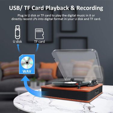 Програвач вінілу VOSTERIO з Bluetooth, Hi-Fi стереодинаміками, ретро дизайн, 3 швидкості, FM-радіо, USB, TF, Aux-In, RCA, LED-дисплей, функція перетворення вініл-у-MP3