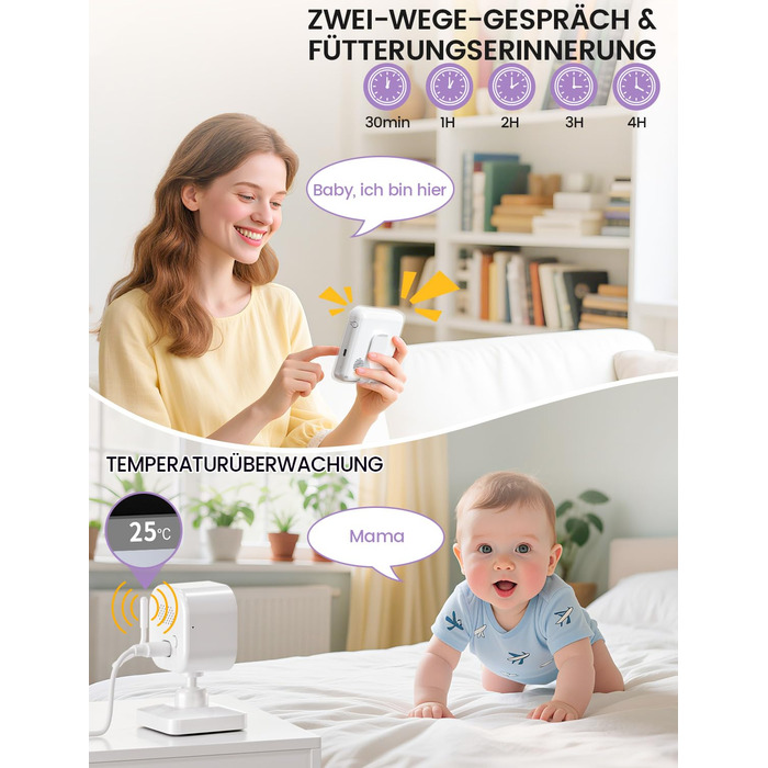 Радіоняня з камерою OBVHNUA 720P IPS: відеоняня без Wi-Fi, акумулятор 2000mAh, нічна зйомка, датчик температури, двосторонній зв'язок, колискові, режим VOX, екран 2.8