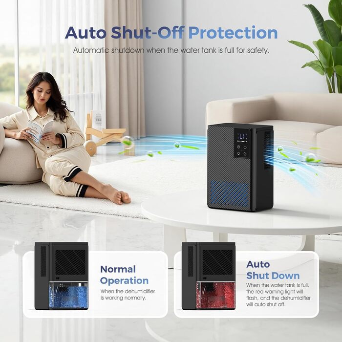 Електричний осушувач повітря, тихий, 2.5L з LED дисплеєм, автоматичне відтанення, проти вологи та плісняви, енергозберігаючий, чорний