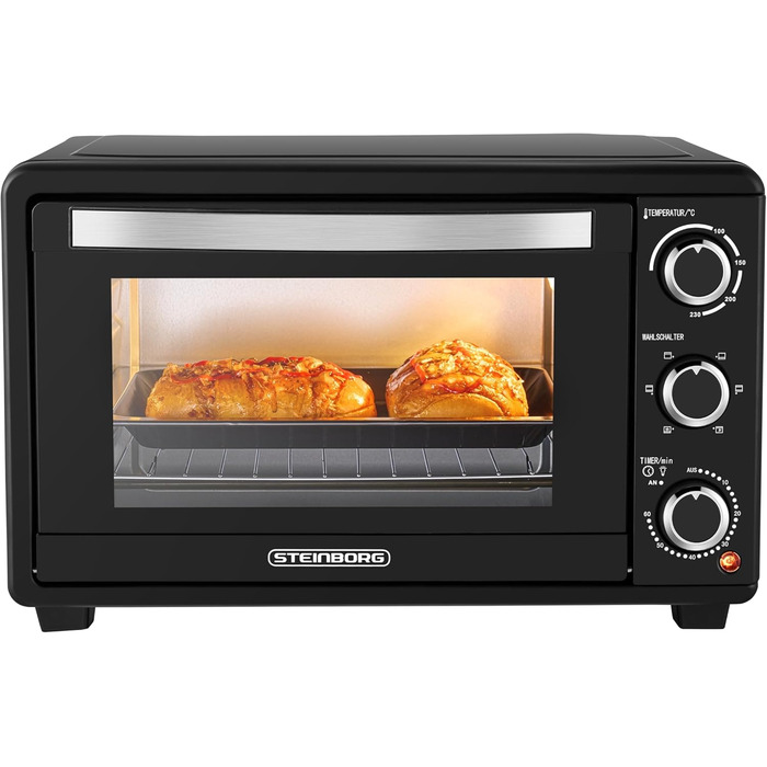 Міні-піч Steinborg 25 л з конвекцією: піч, піца, хліб. Таймер, 100-230°C, зйомний піддон. Економне споживання енергії
