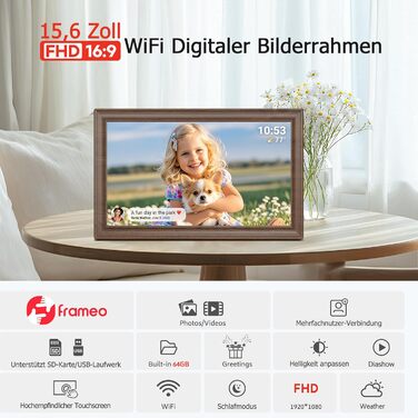 Цифровий фоторамка Frameo 10.1 дюйма з Wi-Fi, сенсорний IPS екран HD 1280*800, 32GB пам'яті, автоповорот, підтримка Frameo App для зручного обміну фото та відео, корпус з дерева (15.6 дюймів)