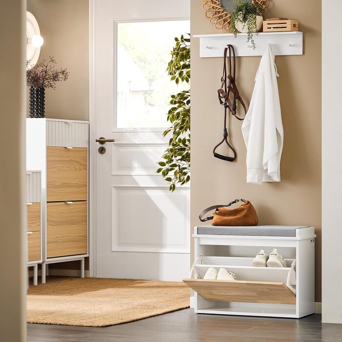 SoBuy Взуттєва шафа з 2 відкидними кришками, полиця для взуття, вузька, з 4 полицями, біла, 61x100x26 см, FSR165-W