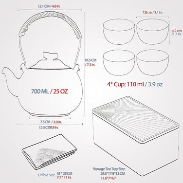 Набір для чаювання Teanagoo: чайник 700 мл + 4 чашки 205 мл, дорожній, порцеляна, сірий, з підносом