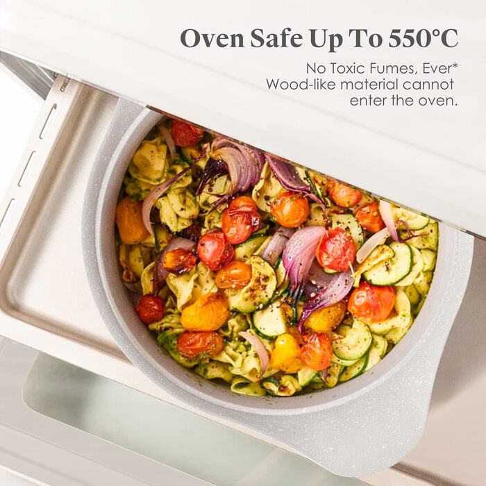 Набір каструль та сковорідок RIOVARM з індукційним дном та знімними ручками, з антипригарним покриттям (граніт), складаний, з силіконовими кришками, без PFOA. Підходить для приготування їжі на індукційних плитах.