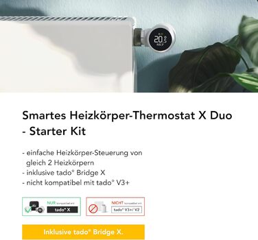 tado Smartes Heizkörperthermostat X – Стартовий набір з мостом X, керування опаленням через додаток та голосових помічників (Alexa, Siri, Google Assistant), енергозбереження, DIY встановлення. Набір: 2 термостати на радіатор