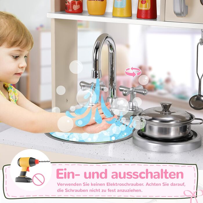 Дерев'яна дитяча кухня Mamizо з аксесуарами, 81x74x30 см, світло та звук, для дітей від 3 років, біло-рожева