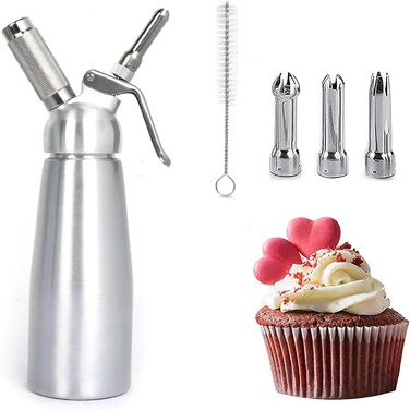 Дозатор для вершків 250 мл з 3 насадками з нержавіючої сталі та щіткою, 0,25 л. Алюмінієвий дозатор для гарячих та холодних вершків, збиті вершки, соуси