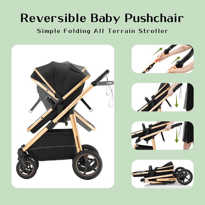 Дитяча коляска 3-в-1 | Комбінована коляска з автокріслом | Візок з регульованою ручкою | Алюмінієвий каркас | Москітна сітка | для новонароджених 0-4 роки, Зелений