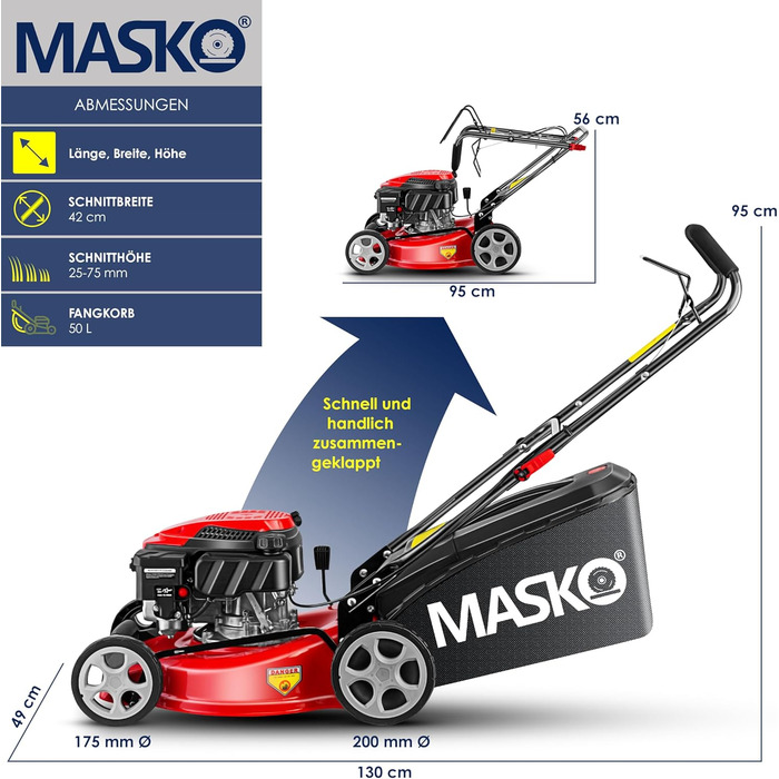 Бензиновий газонокосарка MASKO® 5in1 | Ширина косіння 51 см | 8 положень висоти стрижки | 4-тактний OHV двигун 6.0 PS | Об'єм кошика 65 л | В комплекті: комплект для мульчування, боковий викид (ширина 42 см)