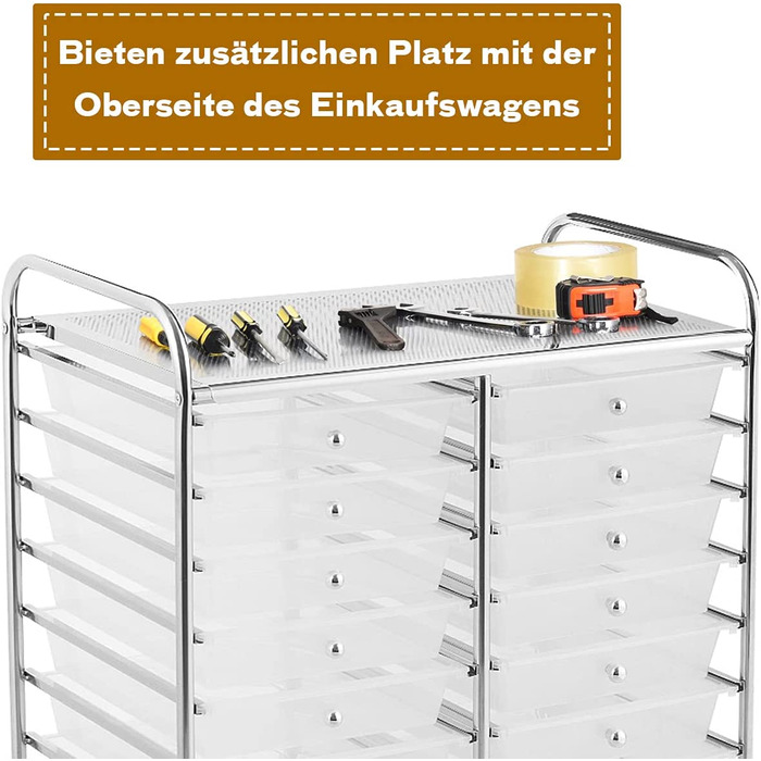 Візок COSTWAY з 20 шт. абельованими ящиками, металевим каркасом і полицею для офісу, ванної кімнати, вітальні