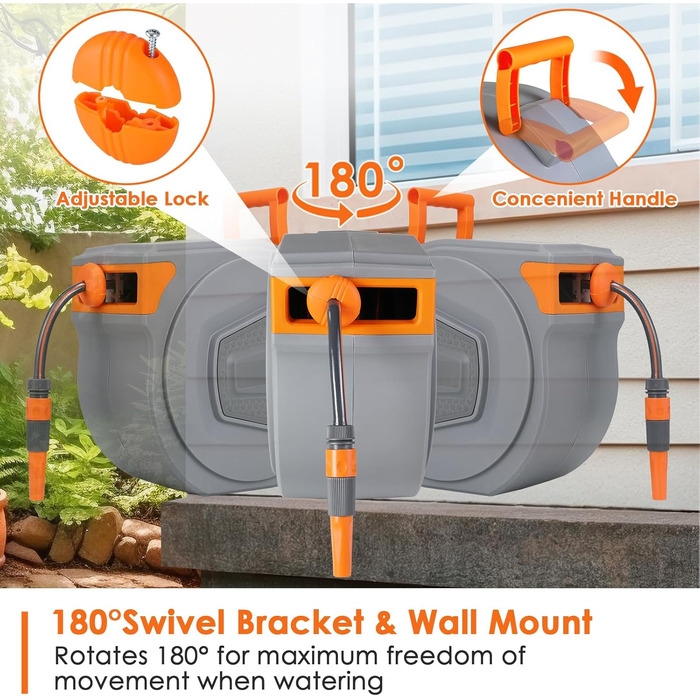 Шланговий барабан з шлангом 30м для саду, настінний автоматичний ролик, поворот 180°, водяний бокс з 9 функціями, для поливу та миття авто, сірий-помаранчевий, 30M