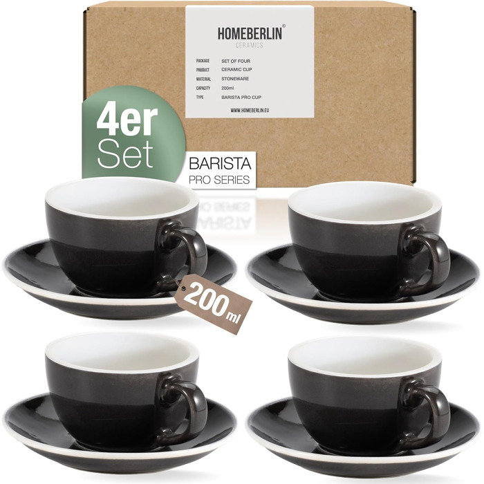 Набір кавових чашок HOMEBERLIN® Barista Pro Cappuccino - 4 шт (200 мл) з підставками, преміум якість, ручна робота