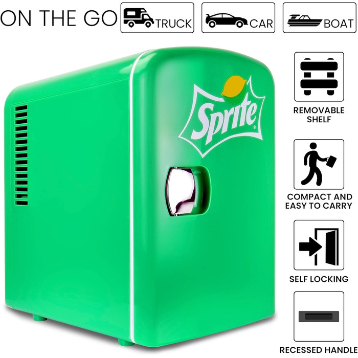 Міні-холодильник Coca Cola Sprite 4L для спальні, 6 банок: продукти, напої, діти, дім, авто, подорожі, 12V, переносний, зелений