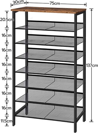 Ярусна полиця для взуття, тумба для взуття висока, велика вузька полиця для взуття, плоскі та похилі сітчасті полиці, металева, на 24-32 пари, для передпокою, вінтажний коричневий чорний EBF18XJ01 темно-коричневий чорний 75 х 30 х 137 см, 8-