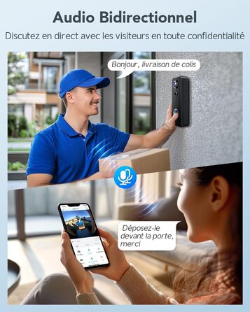 Відеодзвінок XTU з Wi-Fi та камерою, 2K UHD, 180° огляд, PIR-датчик руху, нічне бачення, двосторонній аудіо, підтримка SD-карти/хмарного сховища, сумісний з Alexa, чорний
