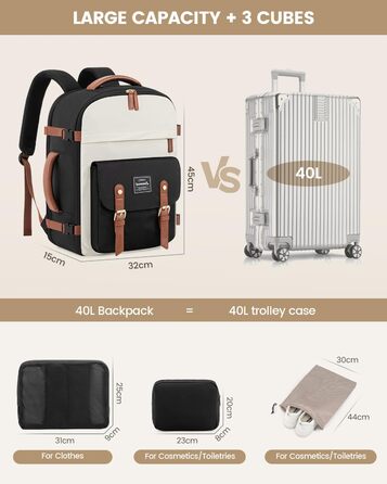 LOVEVOOK Рюкзак для ручної поклажі, жіночий рюкзак для подорожей, водонепроникний рюкзак для ноутбука 17 дюймів, шкільний рюкзак для жінок/студенток, чорний, коричневий (45x32x15 см)