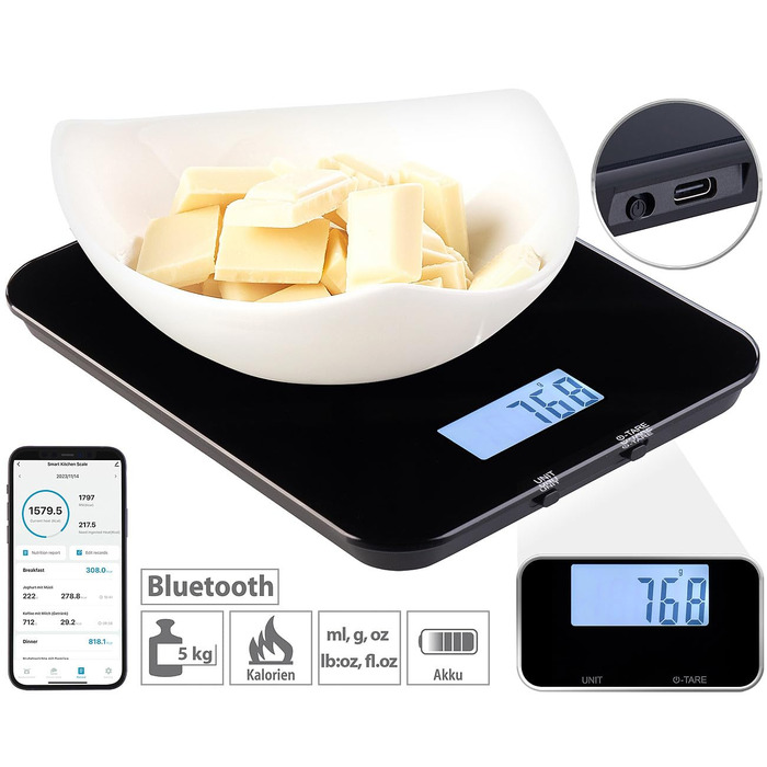 Бездротові кухонні ваги Rosenstein & Shne розумні цифрові кухонні ваги з лічильником калорій, калькулятором харчування та додатком (кухонні ваги, Bluetooth, дієтичні кухонні ваги)