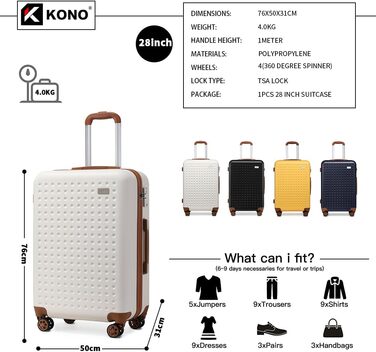 Чемодан-валіза KONO з жорсткою ABS-оболонкою, 76 см, 100 л, білий, з TSA замком та 4 спіннерами