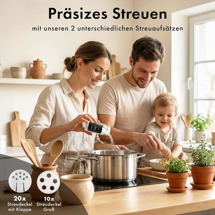 Набір бамбукових скляних баночок для спецій (24 x 120 мл) з ситечком та 240 етикетками. Організатор для спецій, контейнери для спецій, баночки для спецій. Розміри: 11x4,5 см