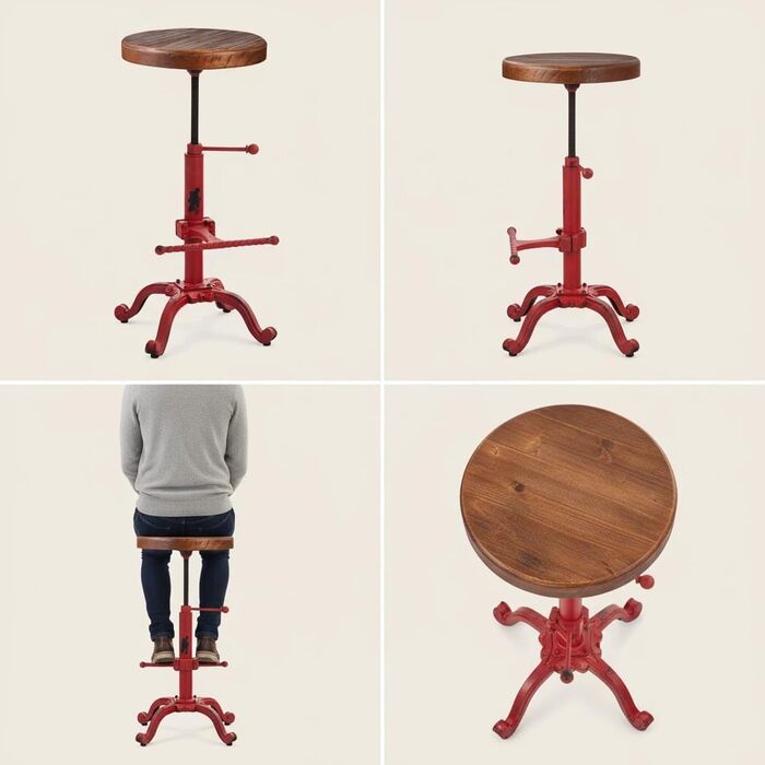 Topower Крісло-стілець у стилі ретро/вінтаж, фермерський дизайн, дерев'яний, поворотний, для кухні, регульована висота (Antique Red)