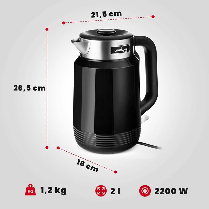 Електричний чайник LEHMANN з нержавіючої сталі 2L, 2200W, швидкий нагрів, подвійні стінки, автовимкнення та захист від перегріву, BPA-free, для великих сімей та офісів, чорний