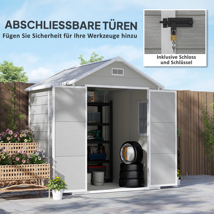 Outsunny Garden Shed 2,4 м², Водонепроникний садовий сарай з підлоговим моноскатним дахом, 182x151x219/181 см, Сарай для інструментів з дверима, що замикаються, Вікно Велосипедний гараж, Садова шафа з алюмінію, для заднього двору, Саду, Сірий | Аосом