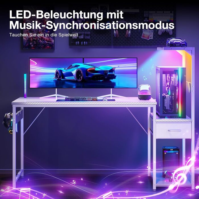 Ігровий стіл Coleshome з LED-підсвічуванням 120x48 см, з шухлядами та полицею, регульований, з тримачем для навушників