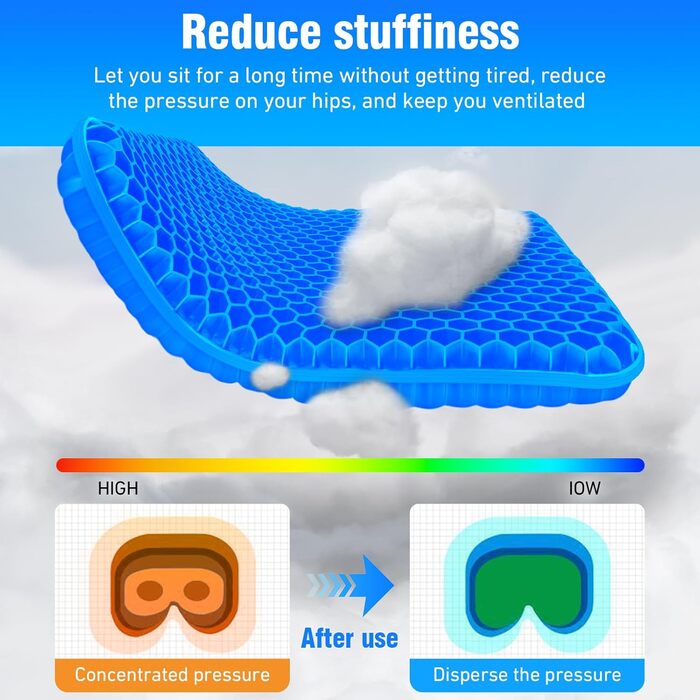 Ортопедична гелева подушка для сидіння з подвійним шаром та протиковзким чохлом, дихаюча подушка на стілець для офісу, авто, інвалідного візка (Темно-синя)
